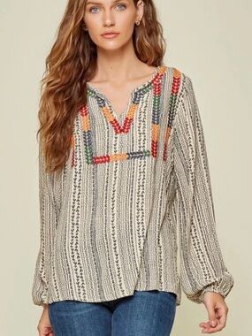 Savanna Jane Embroidered V-Neck Top in Cream with Multi-Color accents